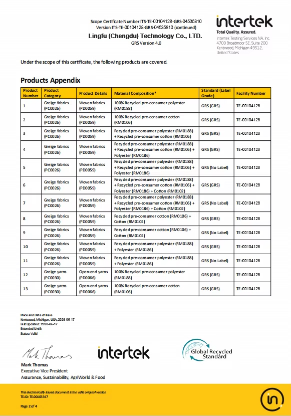 Intertek Global Recycled Standard products appendix for Lingfu (Chengdu) Technology Co., Ltd., supplied page 2 of 4 / Intertek 全球回收标准产品附录，已提供第 2 / 4 页