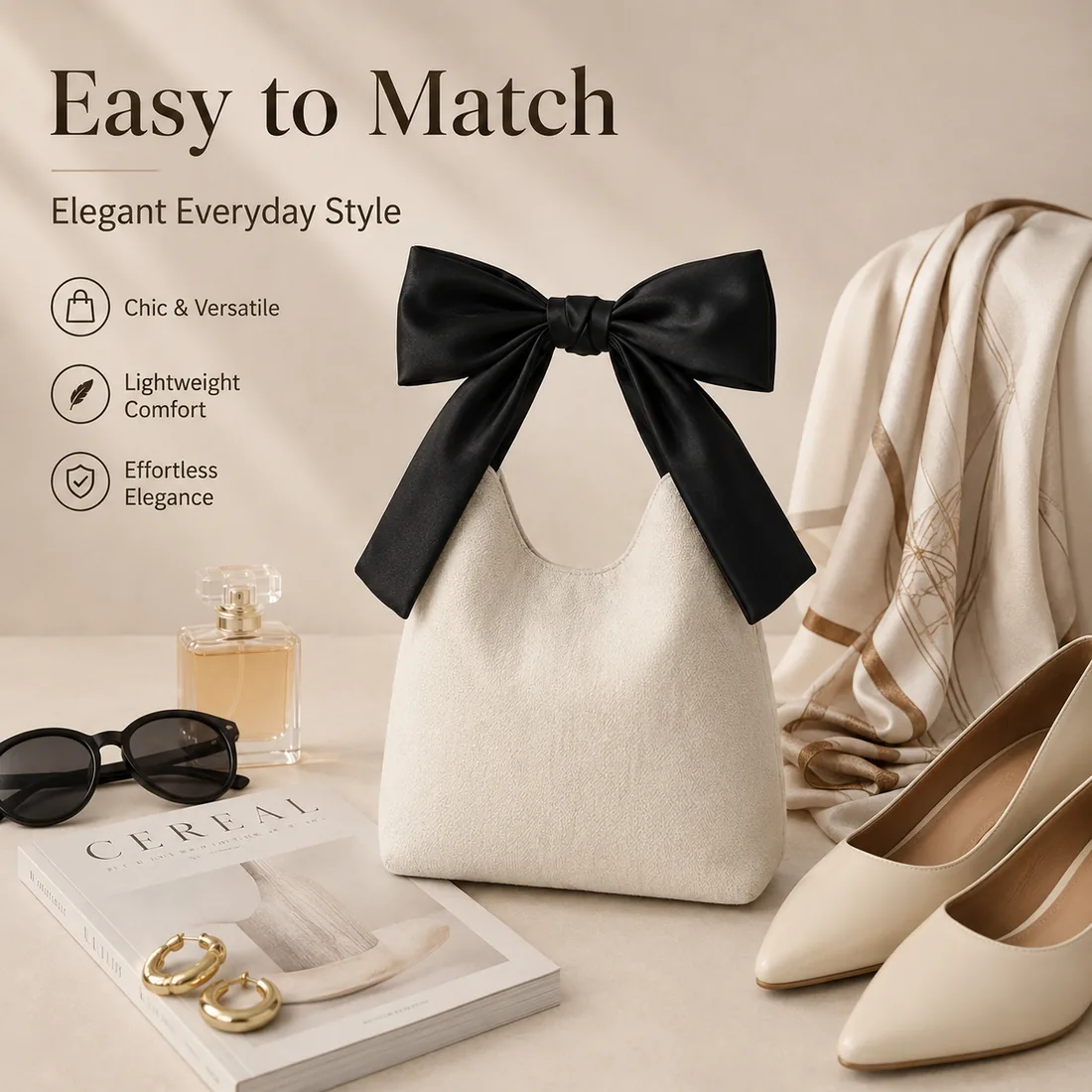 Cream bow-handle canvas bag styled with daily accessories / 搭配日常配饰的米白色蝴蝶结手柄帆布包
