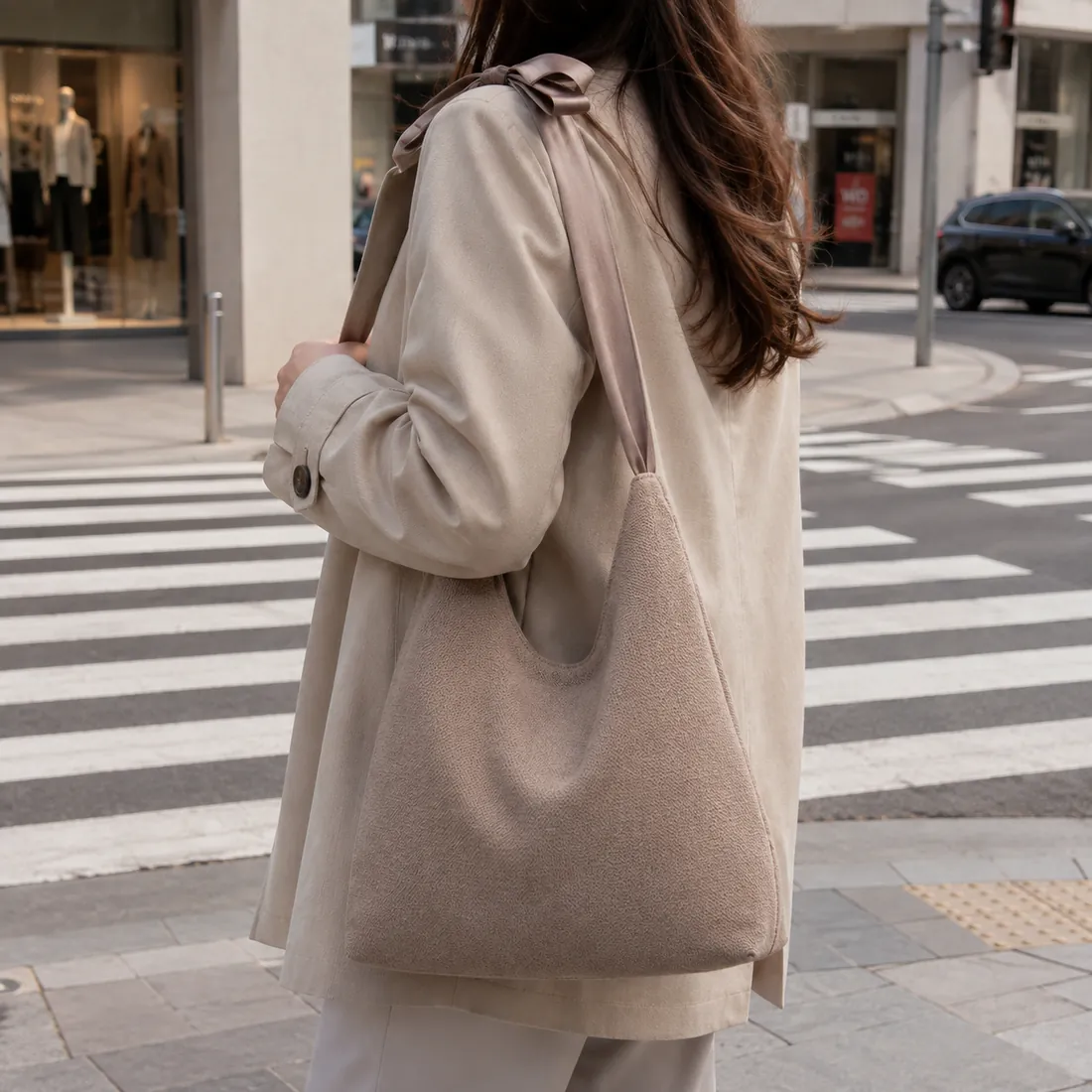 Taupe bow-handle canvas bag on a city walk / 城市出行场景中的灰褐色蝴蝶结手柄帆布包