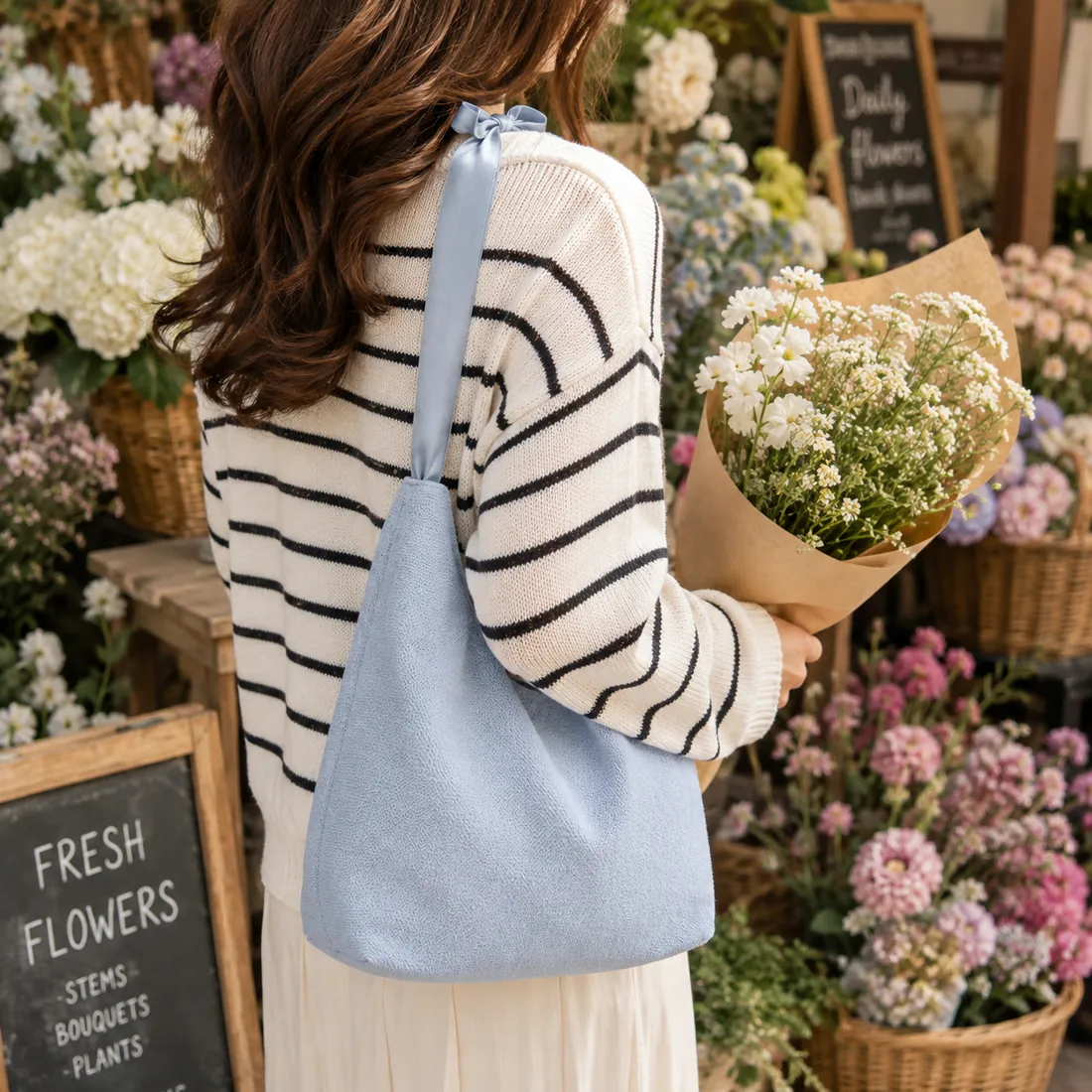 Light blue bow-handle canvas bag at a flower shop / 花店场景中的浅蓝色蝴蝶结手柄帆布包