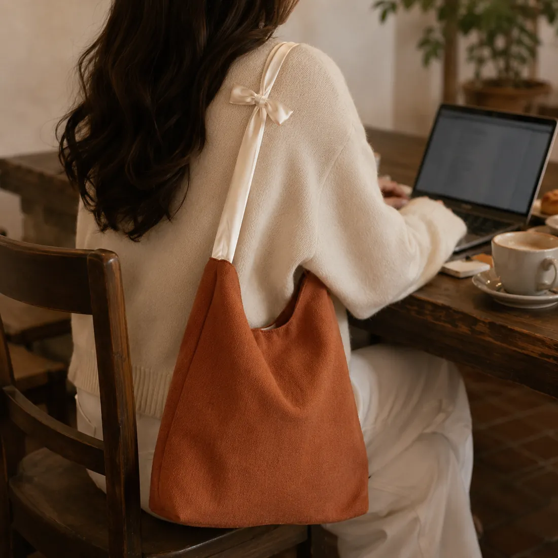 Rust bow-handle canvas bag at a cafe workspace / 咖啡馆工作场景中的铁锈色蝴蝶结手柄帆布包