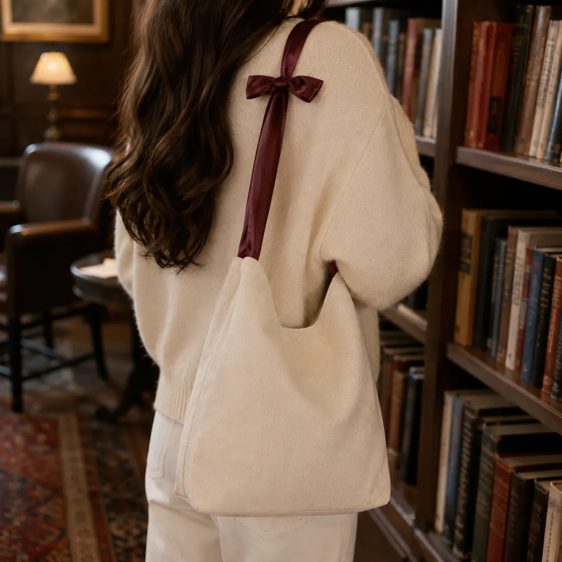 Cream bow-handle canvas bag in a library / 图书馆场景中的米白色蝴蝶结手柄帆布包