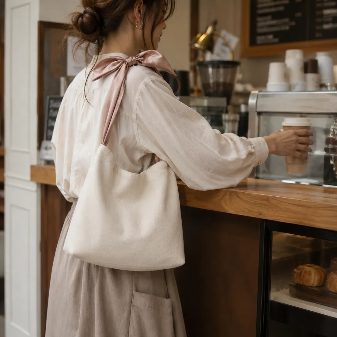 Cream bow-handle canvas bag at a cafe counter / 咖啡馆柜台场景中的米白色蝴蝶结手柄帆布包