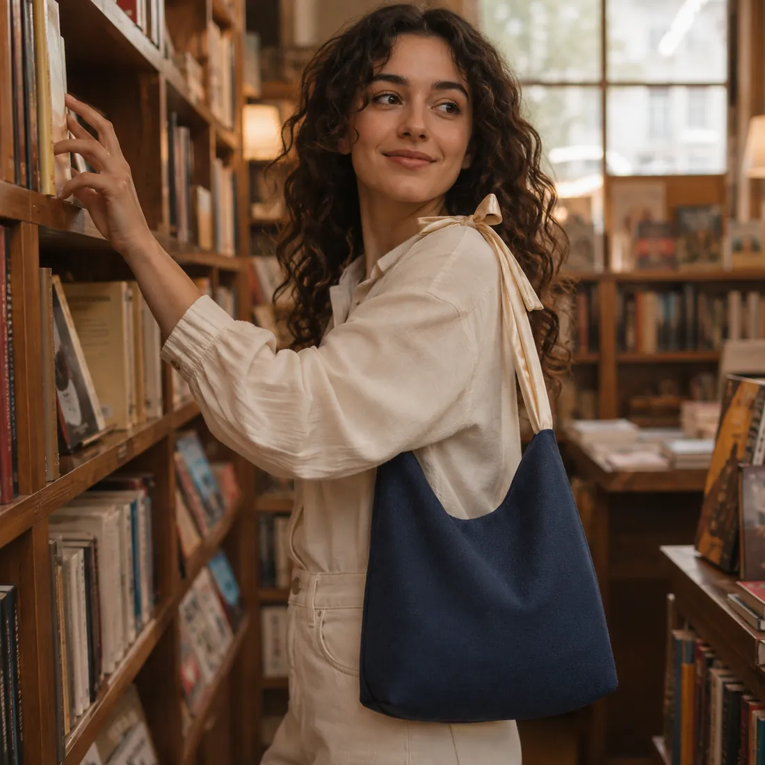 Navy bow-handle canvas bag in a library / 图书馆场景中的藏蓝色蝴蝶结手柄帆布包