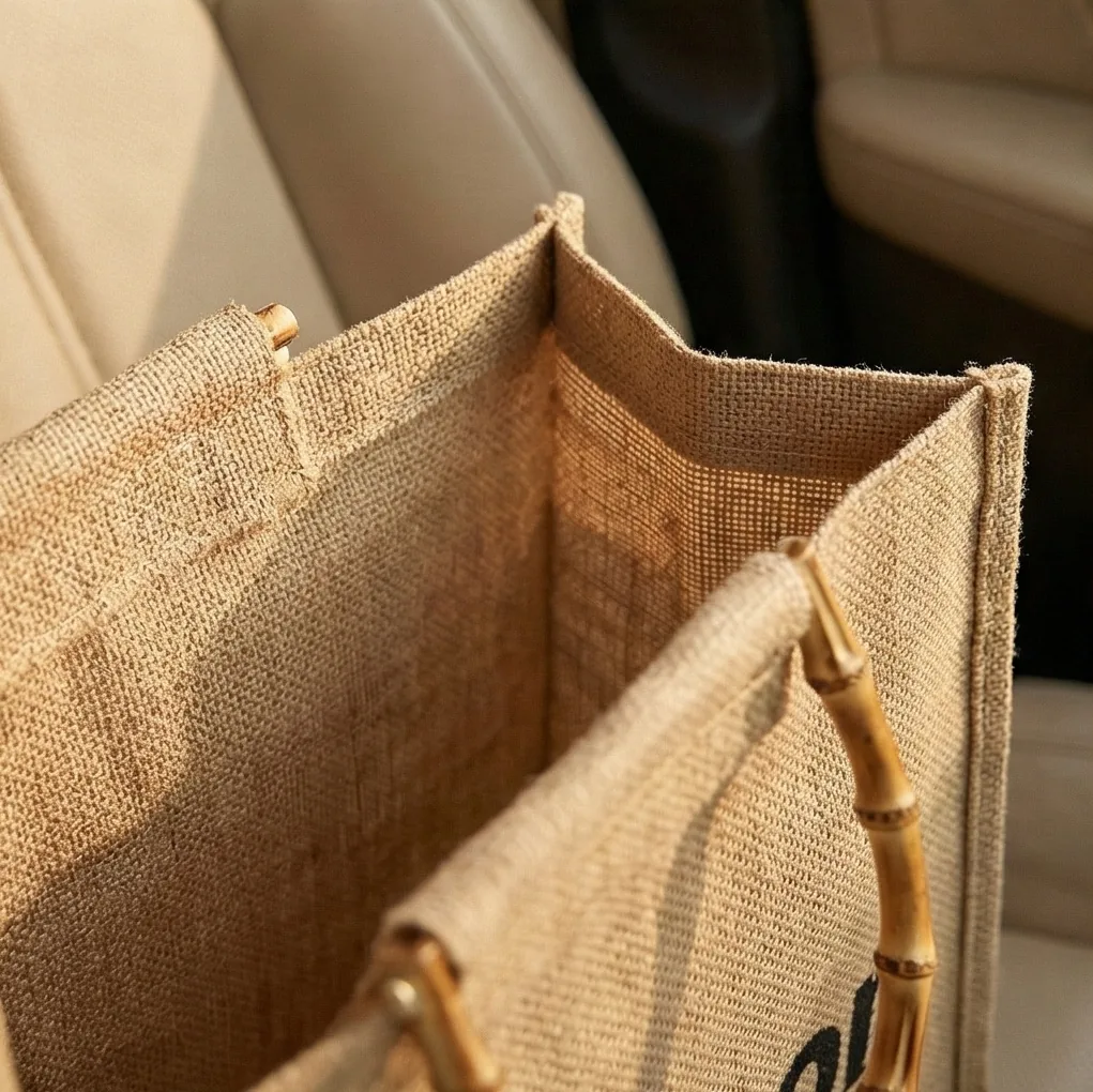 Faux bamboo jute tote detail 2 / 仿竹手柄黄麻托特包局部细节 2