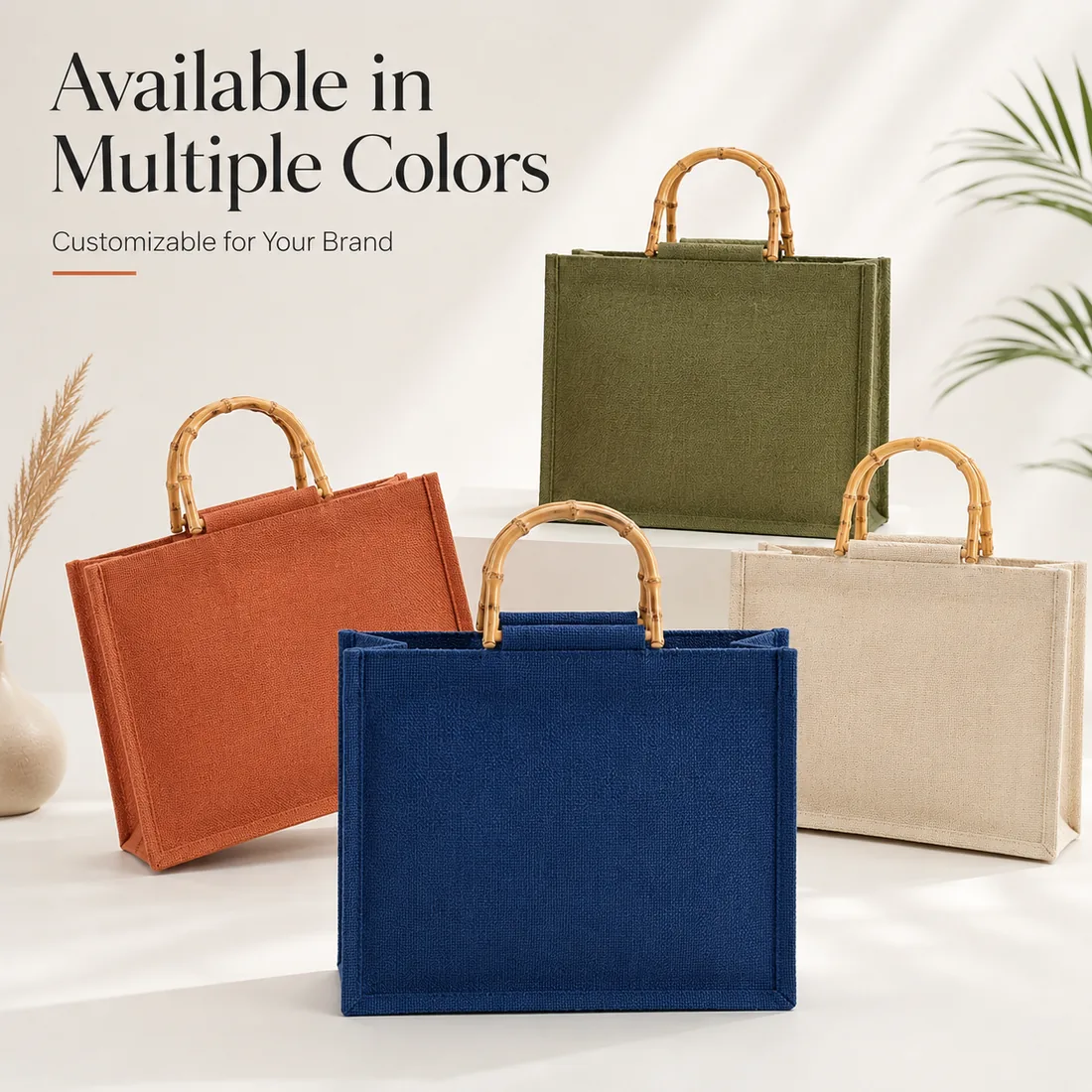 Faux bamboo-handle jute totes in multiple colors / 多种颜色的仿竹手柄黄麻托特包