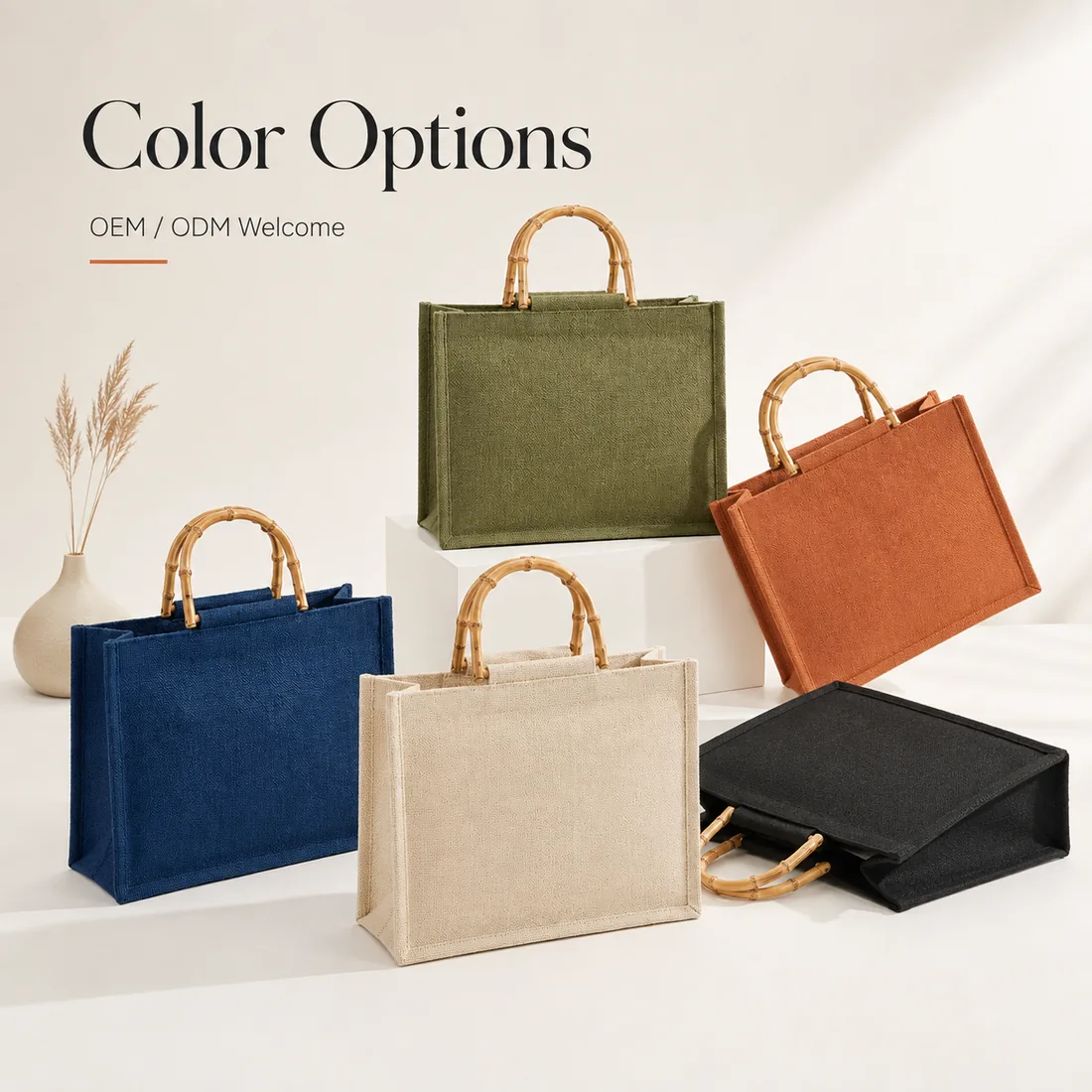 Faux bamboo-handle jute tote color options / 仿竹手柄黄麻托特包颜色选择