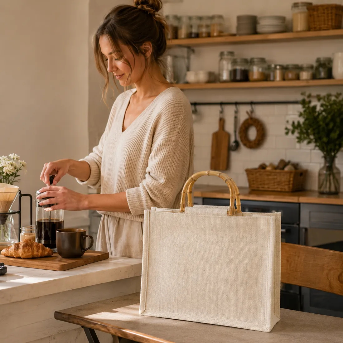 Cream faux bamboo-handle jute tote in a kitchen / 厨房场景中的米白色仿竹手柄黄麻托特包