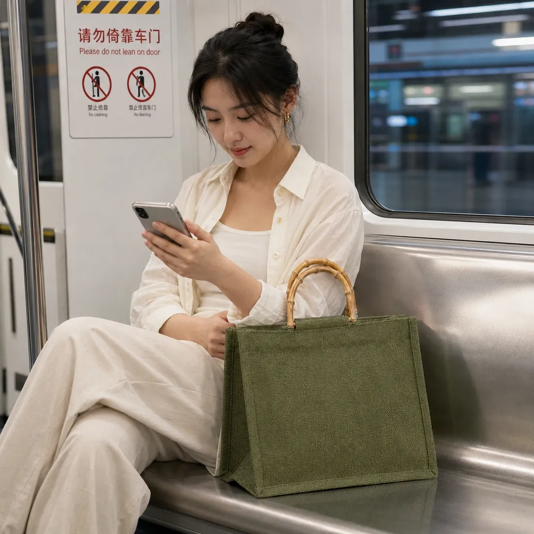 Olive faux bamboo-handle jute tote on a subway / 地铁场景中的橄榄绿色仿竹手柄黄麻托特包