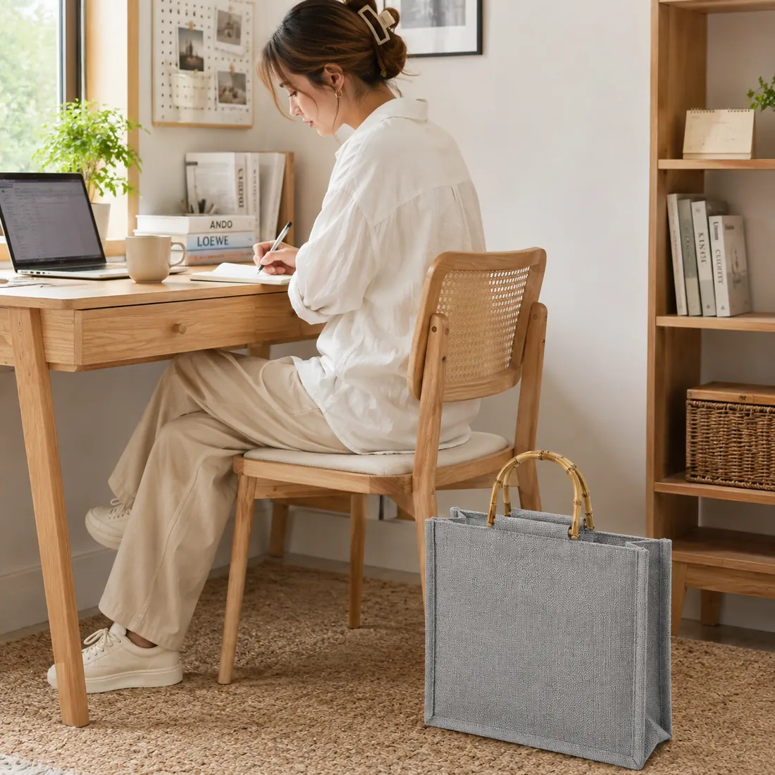 Gray faux bamboo-handle jute tote in a home office / 家庭办公场景中的灰色仿竹手柄黄麻托特包
