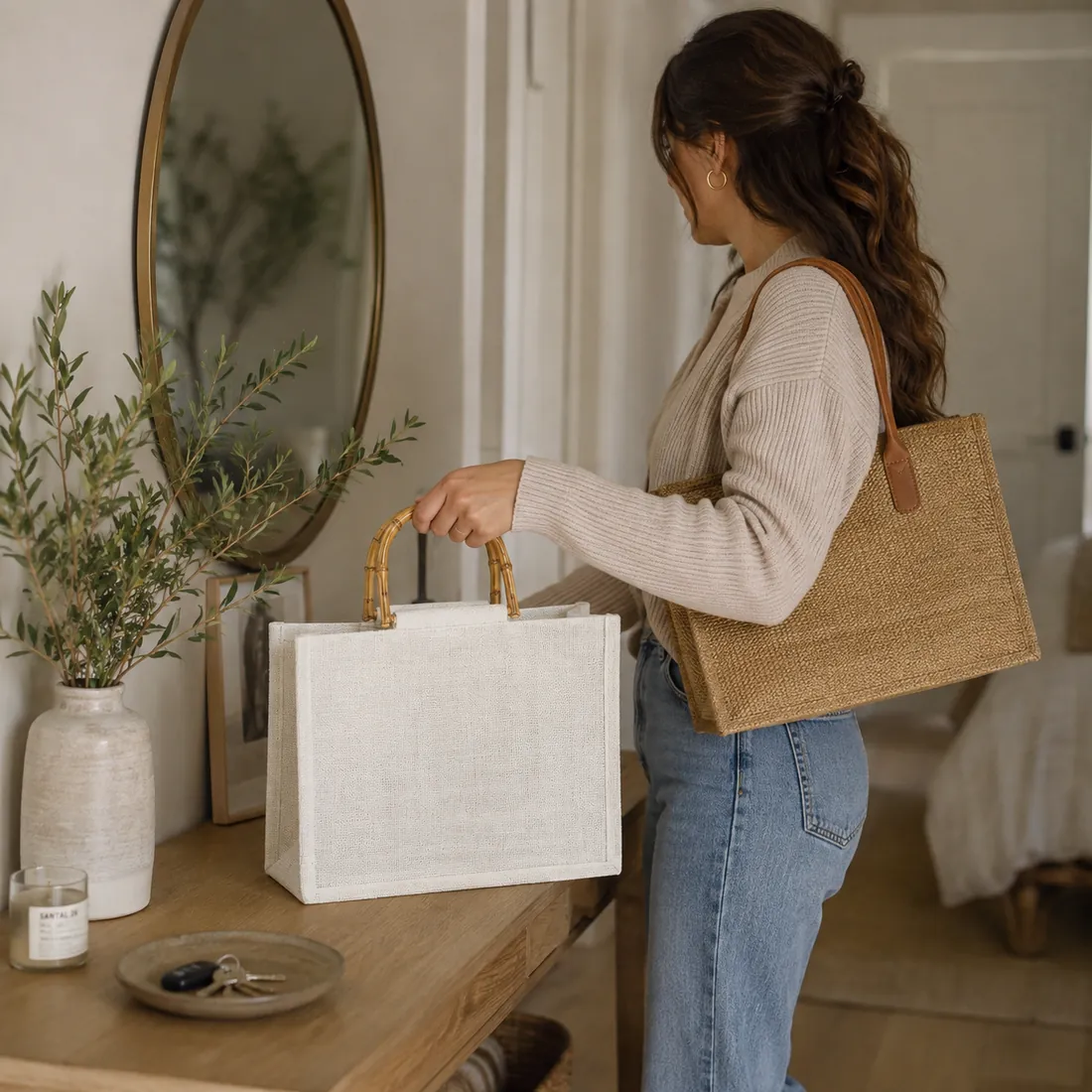Beige faux bamboo-handle jute tote in a home interior / 家居场景中的米色仿竹手柄黄麻托特包