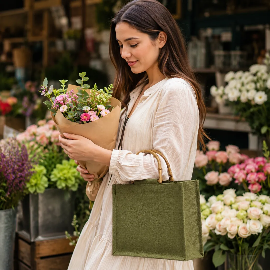 Olive faux bamboo-handle jute tote at a flower market / 花市场景中的橄榄绿色仿竹手柄黄麻托特包