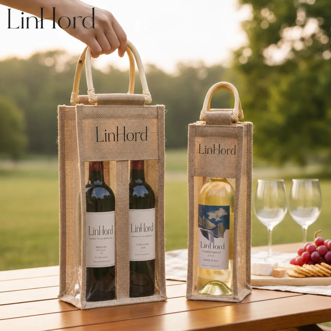 Window jute wine bag in use 3 / 透明窗黄麻酒袋使用场景 3