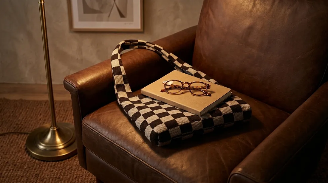Checkerboard knit tote in use 1 / 棋盘格针织托特包使用场景 1