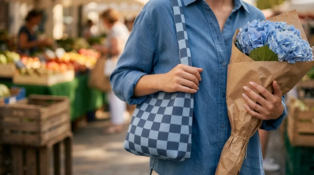 Checkerboard knit tote in use 2 / 棋盘格针织托特包使用场景 2