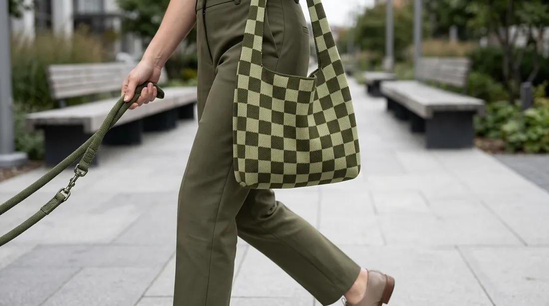 Checkerboard knit tote in use 3 / 棋盘格针织托特包使用场景 3