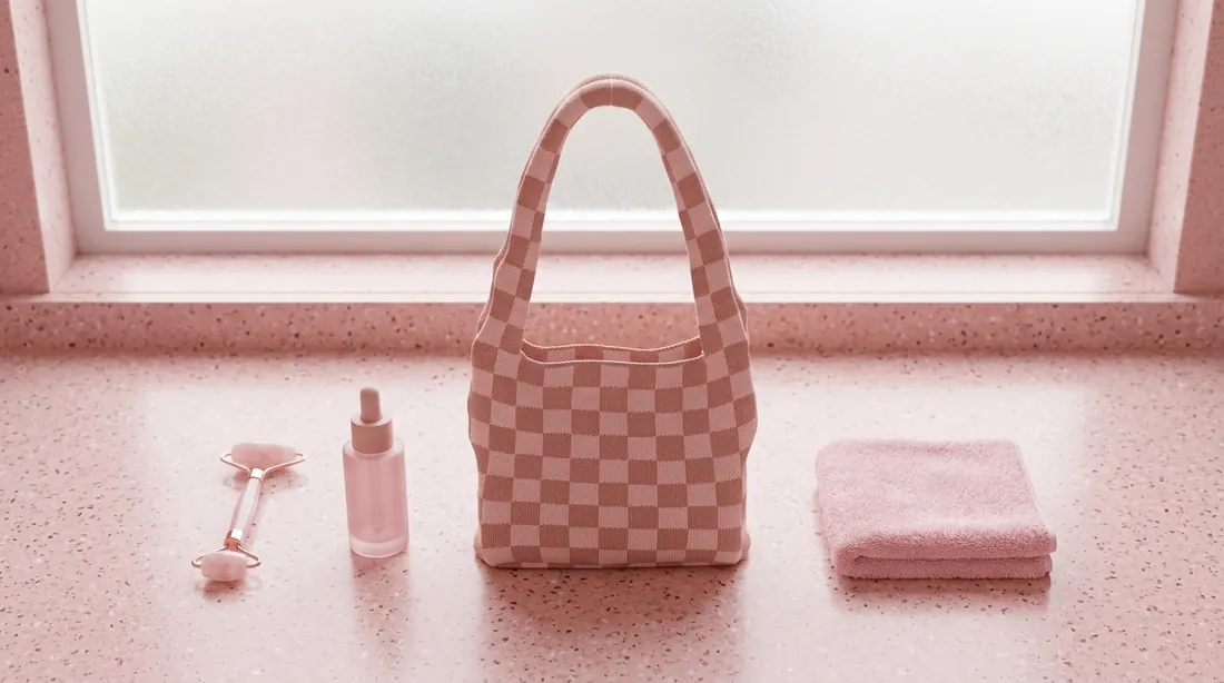 Checkerboard knit tote in use 4 / 棋盘格针织托特包使用场景 4
