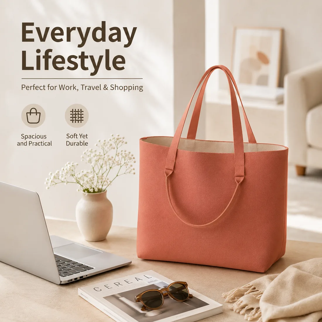Coral dual-handle knit tote beside a laptop / 笔记本电脑旁的珊瑚色双提手针织托特包