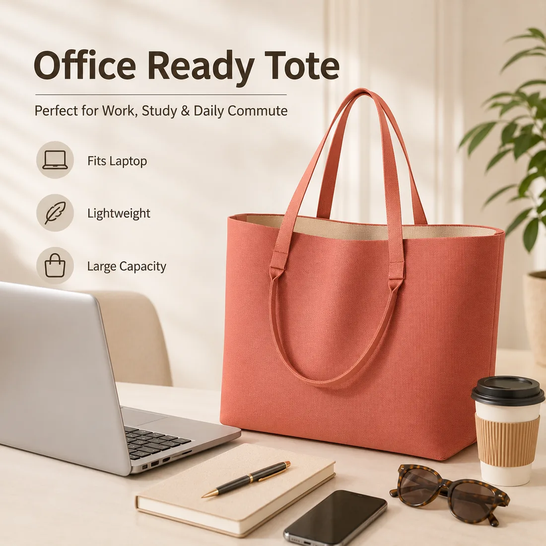 Coral dual-handle knit tote at an office desk / 办公桌旁的珊瑚色双提手针织托特包