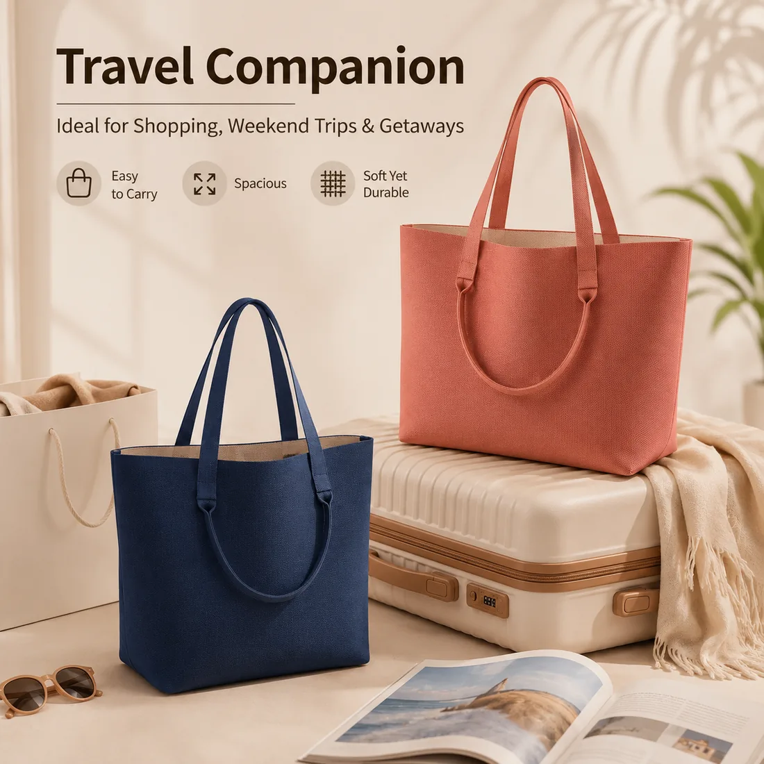 Navy and coral dual-handle knit totes with travel items / 搭配旅行物品的藏蓝色与珊瑚色双提手针织托特包