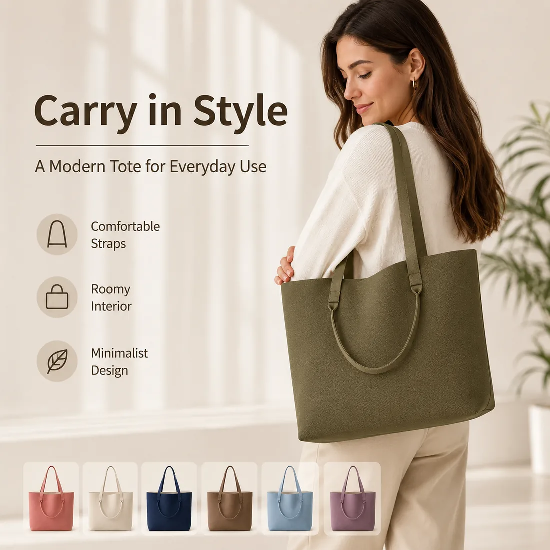 Olive dual-handle knit tote worn over the shoulder / 肩背展示的橄榄绿色双提手针织托特包