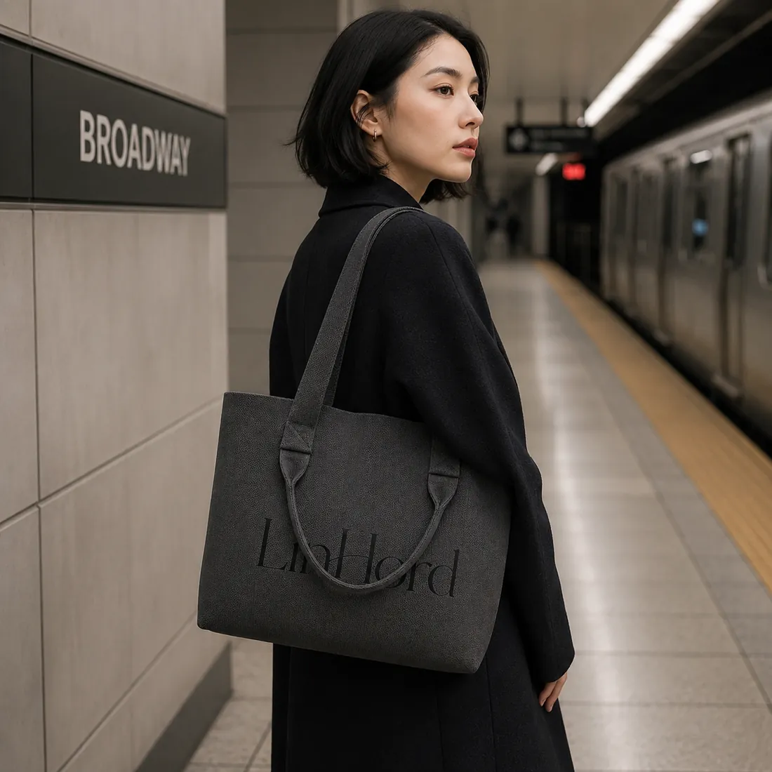 Black dual-handle knit tote on a subway platform / 地铁站台场景中的黑色双提手针织托特包