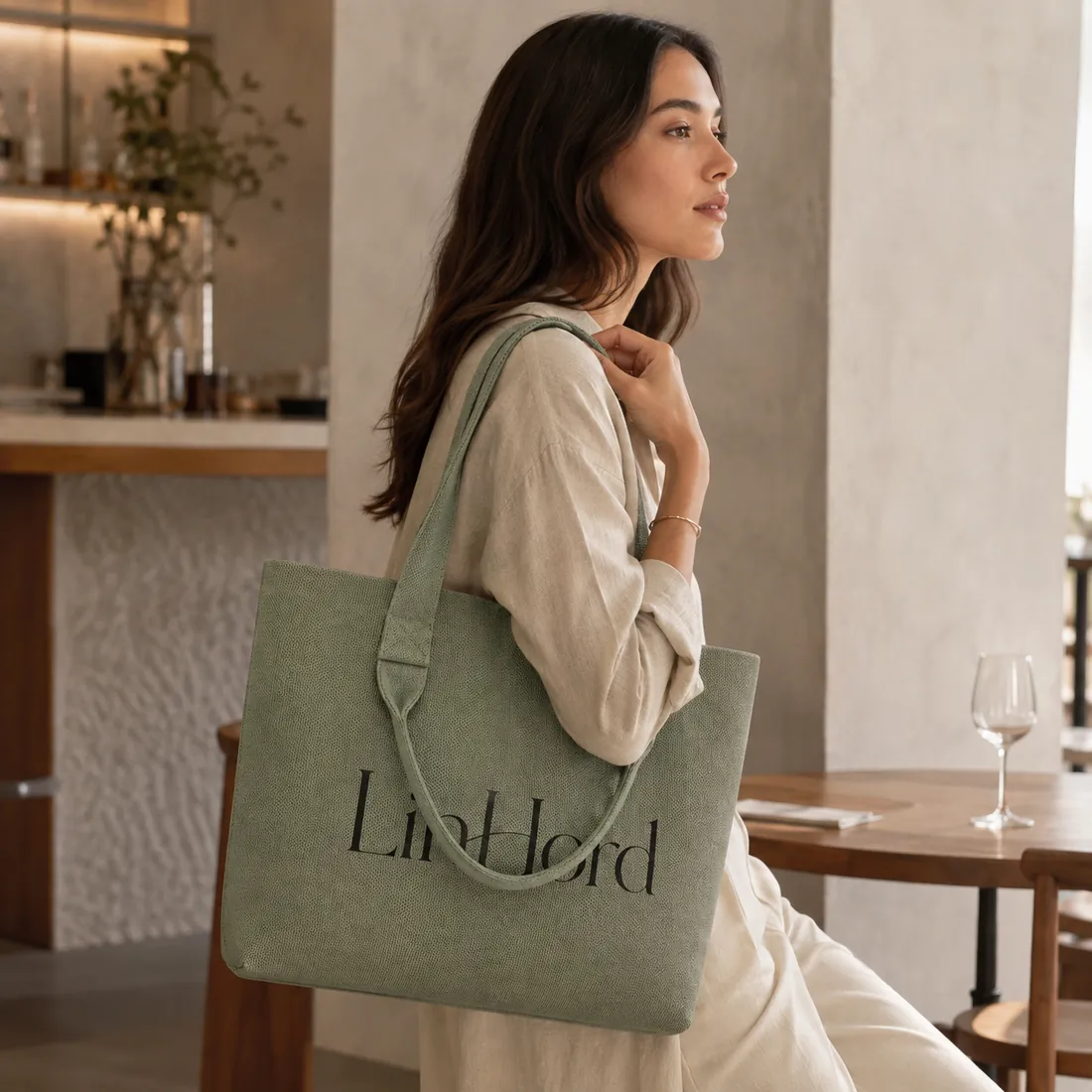 Sage dual-handle knit tote in a kitchen / 厨房场景中的鼠尾草绿色双提手针织托特包