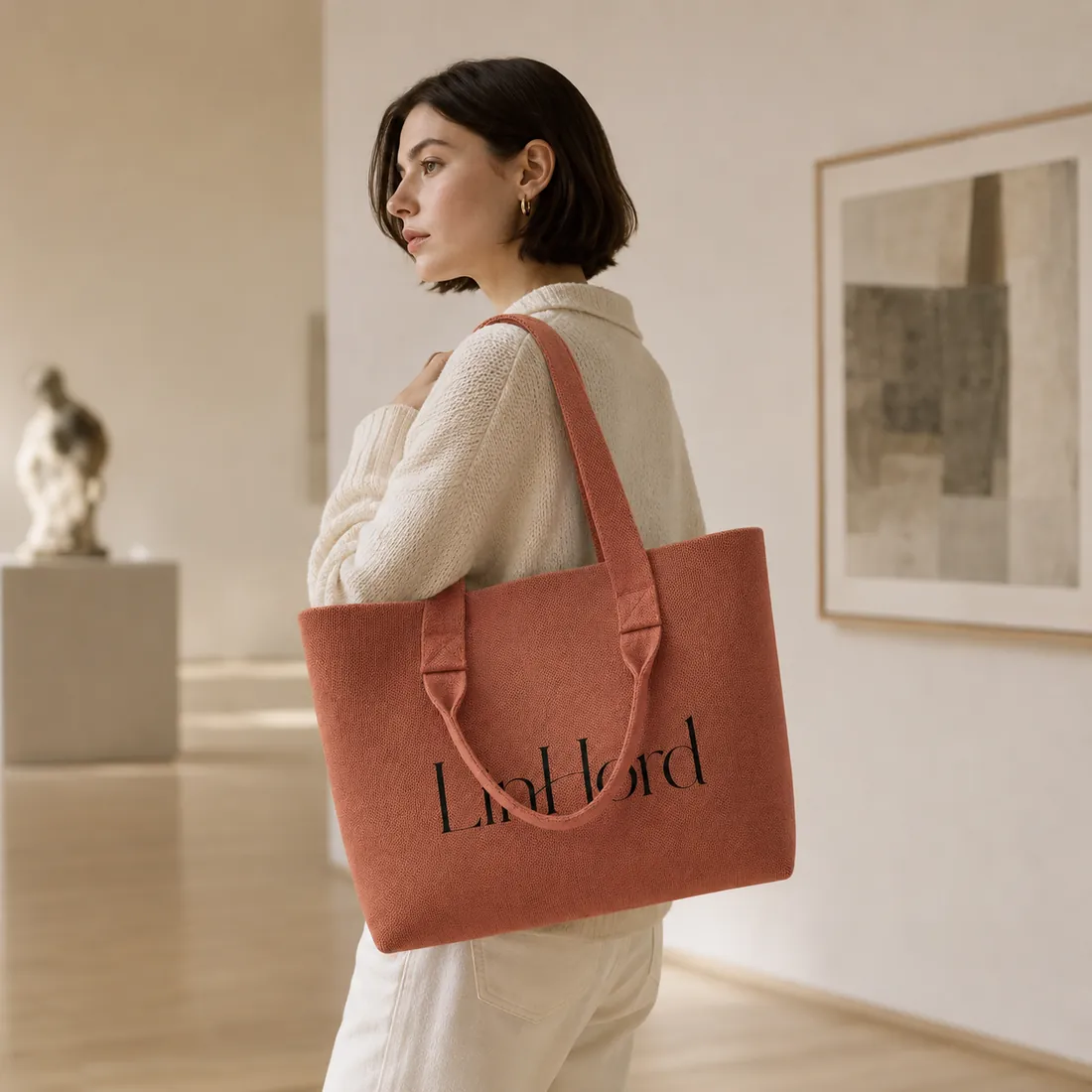 Coral dual-handle knit tote in an art gallery / 美术馆场景中的珊瑚色双提手针织托特包