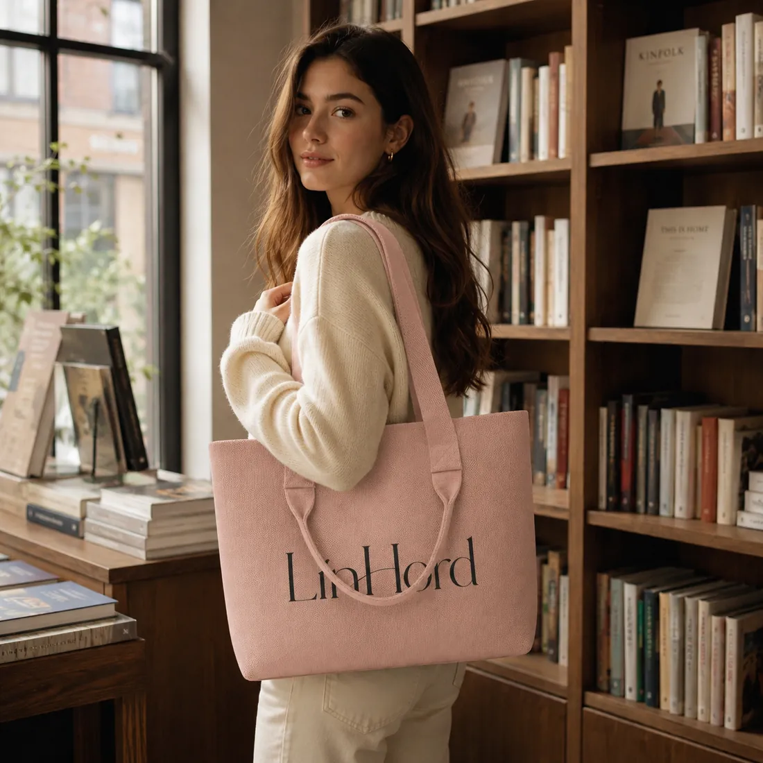 Blush dual-handle knit tote in a library / 图书馆场景中的浅粉色双提手针织托特包