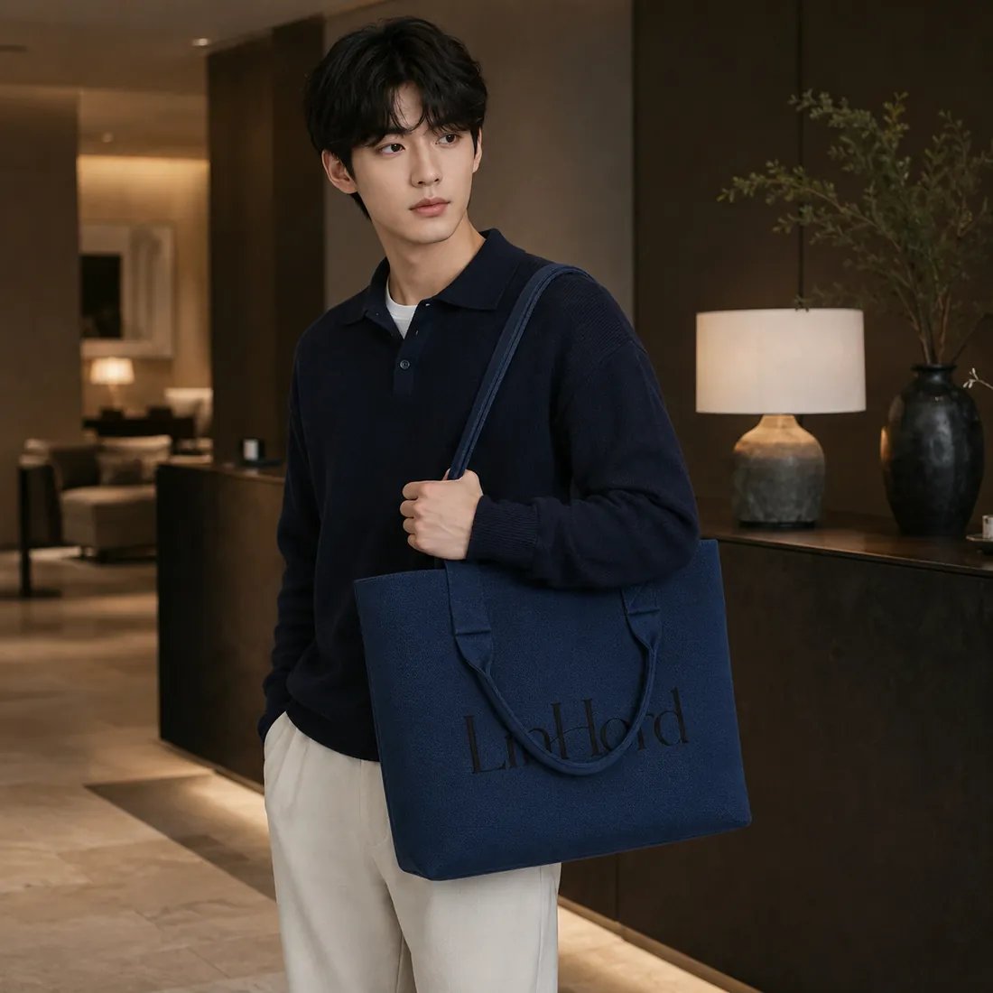 Navy dual-handle knit tote in a home interior / 家居场景中的藏蓝色双提手针织托特包
