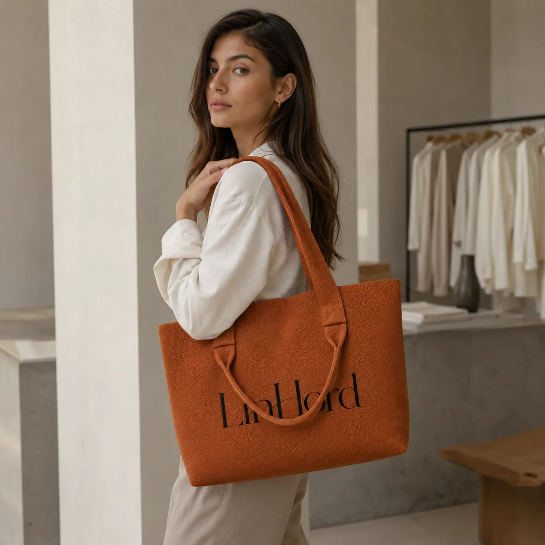 Rust dual-handle knit tote beside a wardrobe / 衣柜旁的铁锈色双提手针织托特包