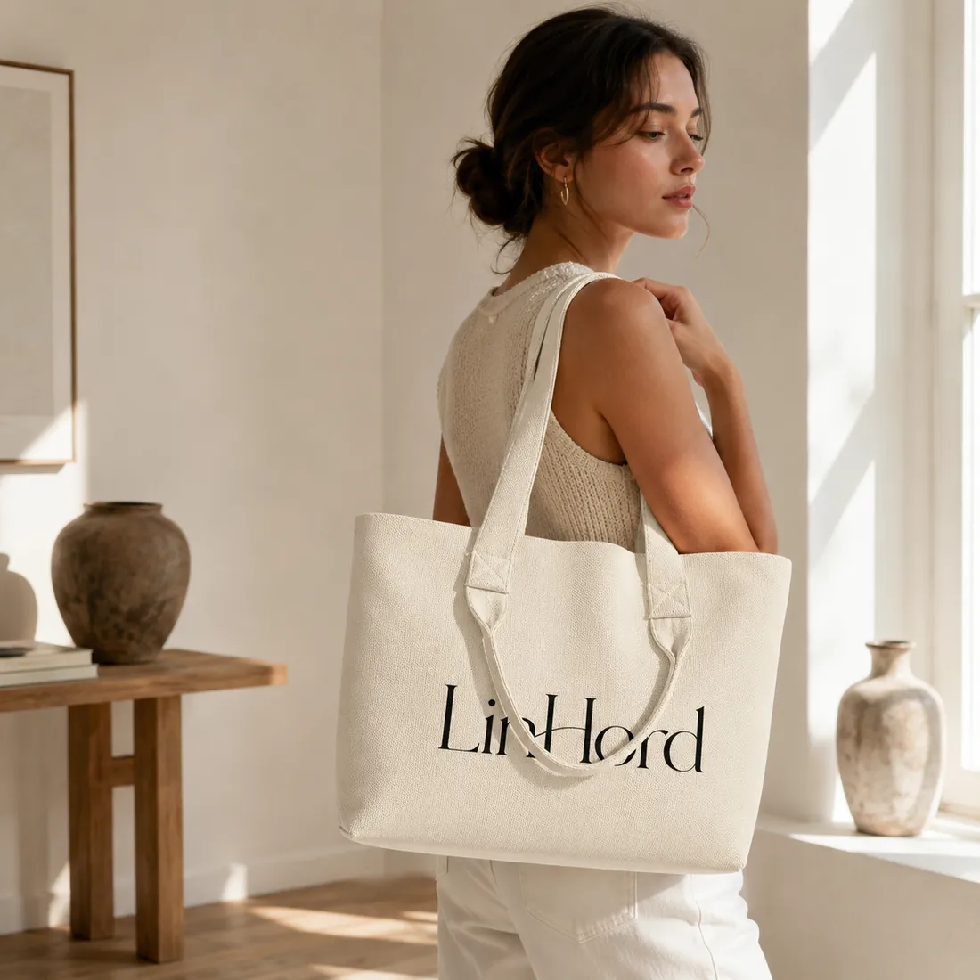 Cream dual-handle knit tote in a minimalist room / 极简室内场景中的米白色双提手针织托特包