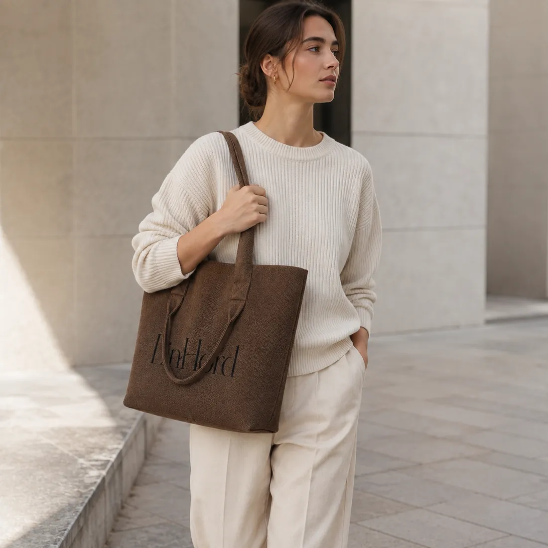 Taupe dual-handle knit tote on a stone walkway / 石质步道场景中的灰褐色双提手针织托特包