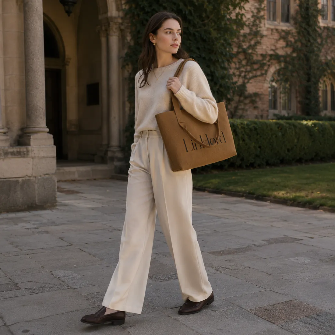 Tan dual-handle knit tote on a garden path / 花园步道场景中的棕褐色双提手针织托特包