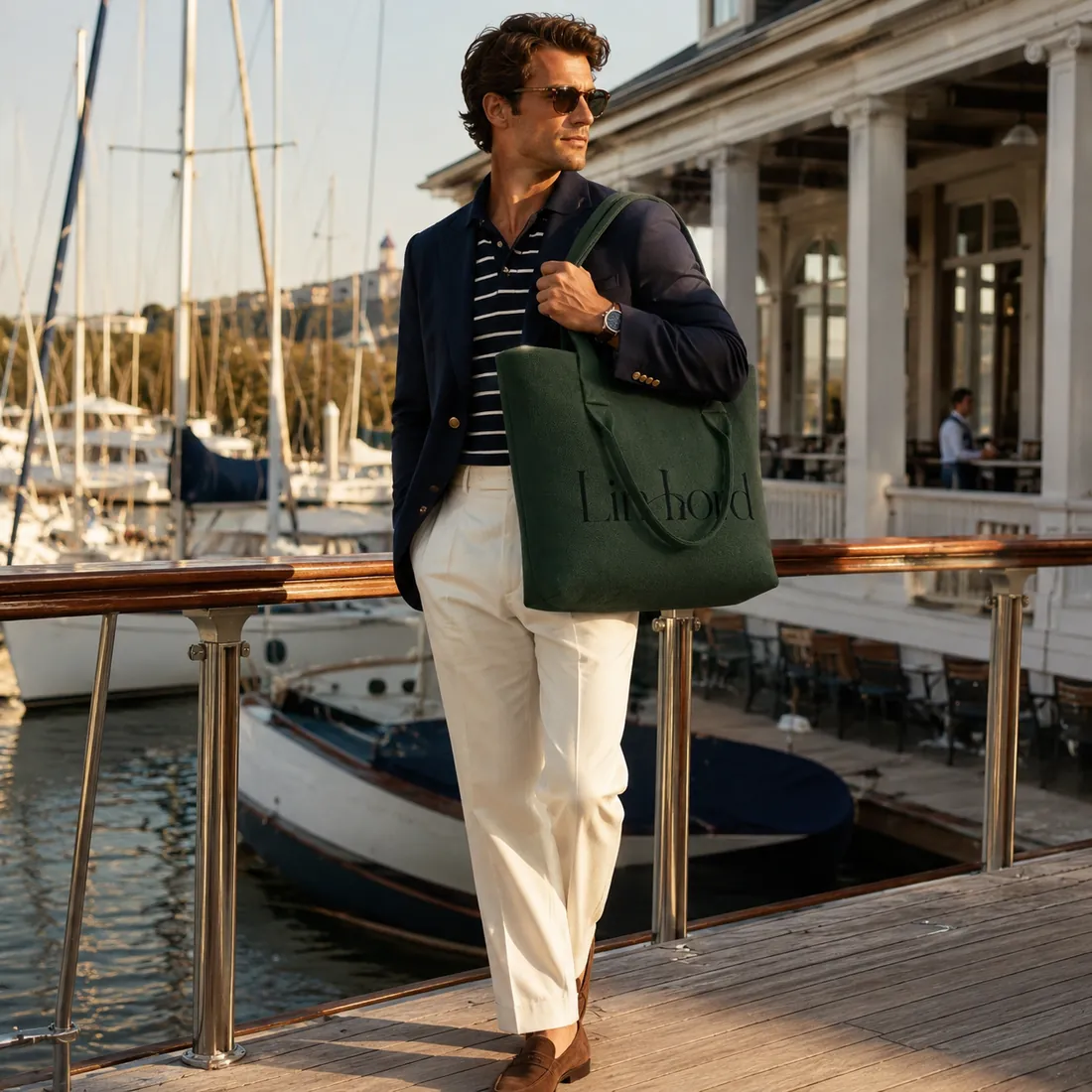 Green dual-handle knit tote at a marina / 码头场景中的绿色双提手针织托特包