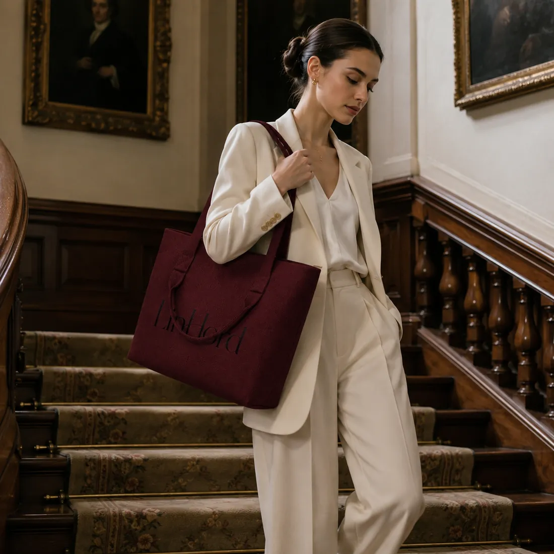 Burgundy dual-handle knit tote on a staircase / 楼梯场景中的酒红色双提手针织托特包