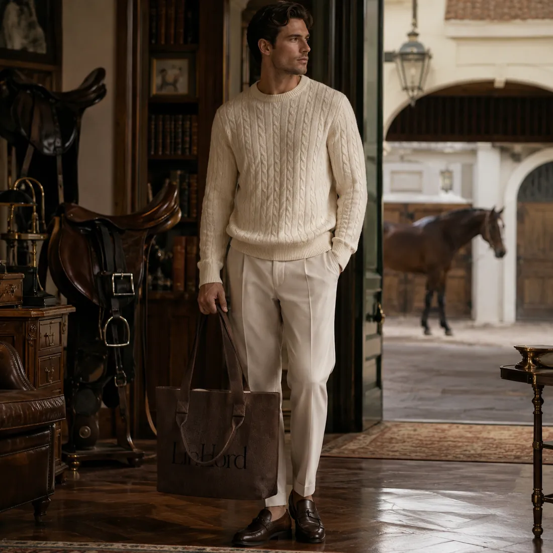 Taupe dual-handle knit tote in a rustic interior / 质朴室内场景中的灰褐色双提手针织托特包
