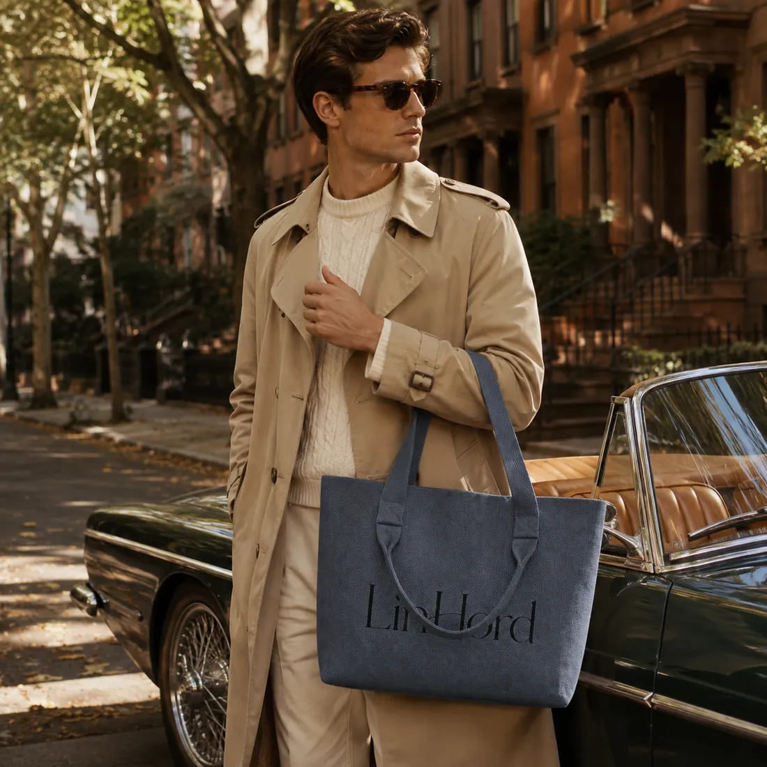Blue dual-handle knit tote on a city street / 城市街道场景中的蓝色双提手针织托特包