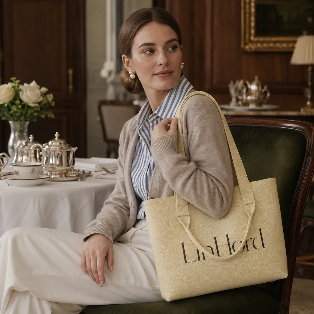 Cream dual-handle knit tote in a dining room / 餐厅场景中的米白色双提手针织托特包