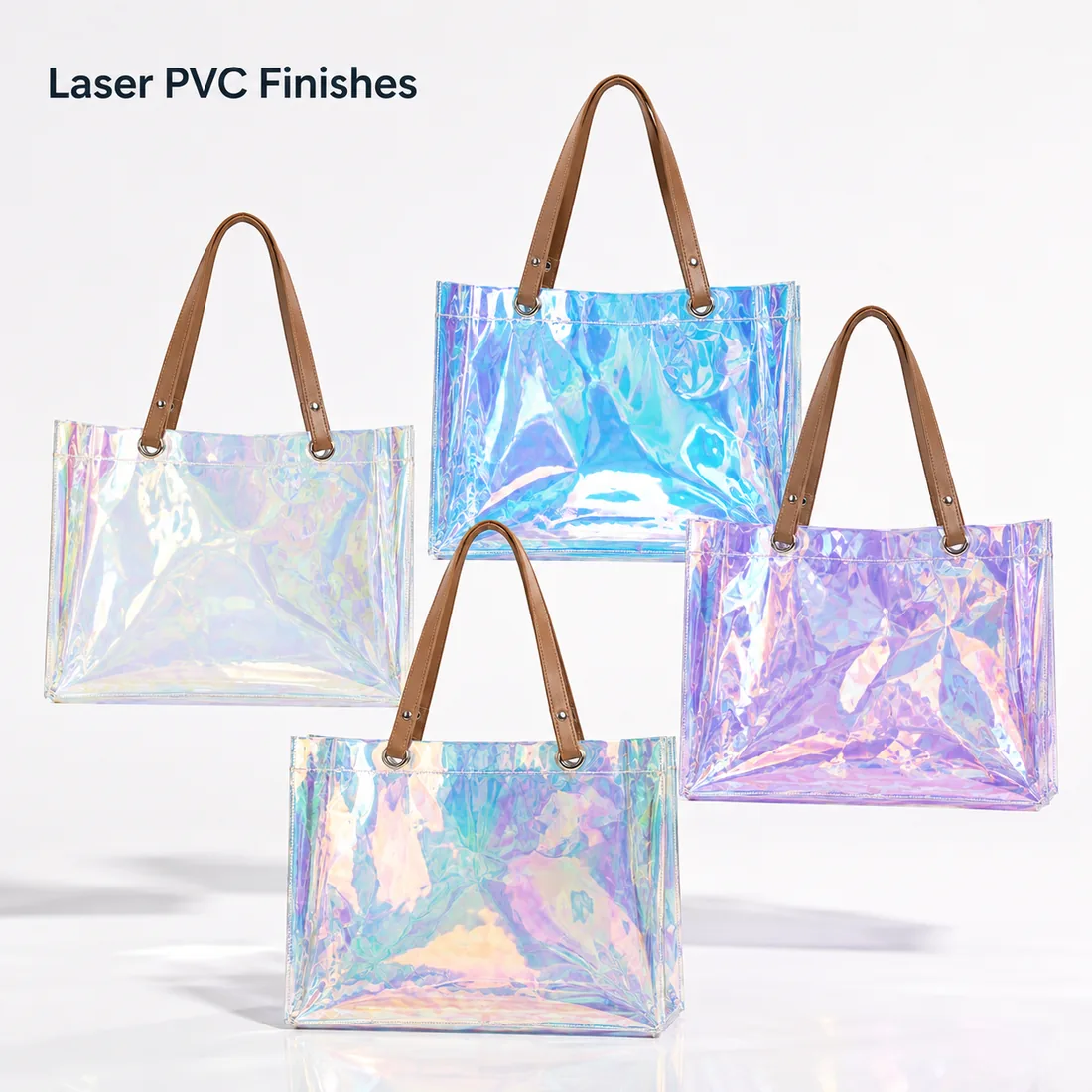 Holographic PVC tote finish variations / 镭射 PVC 托特包表面效果系列