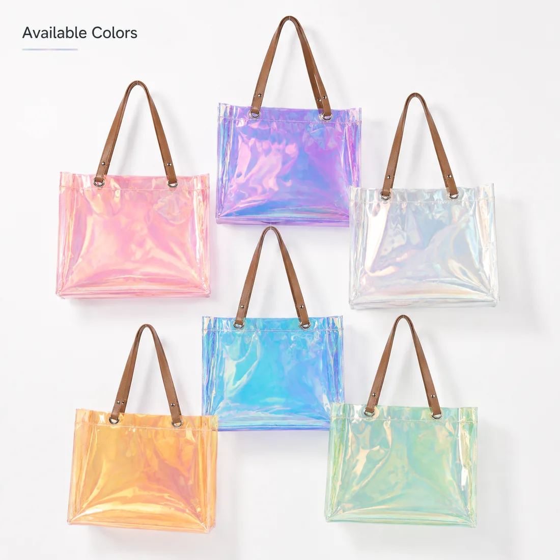 Holographic PVC tote color assortment / 镭射 PVC 托特包多色陈列