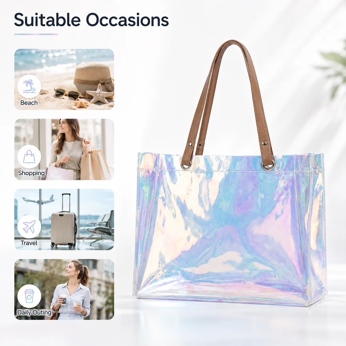 Holographic PVC tote styling occasions / 镭射 PVC 托特包场景搭配展示