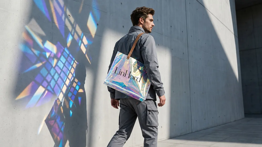 Holographic PVC tote in use 3 / 镭射 PVC 托特包使用场景 3