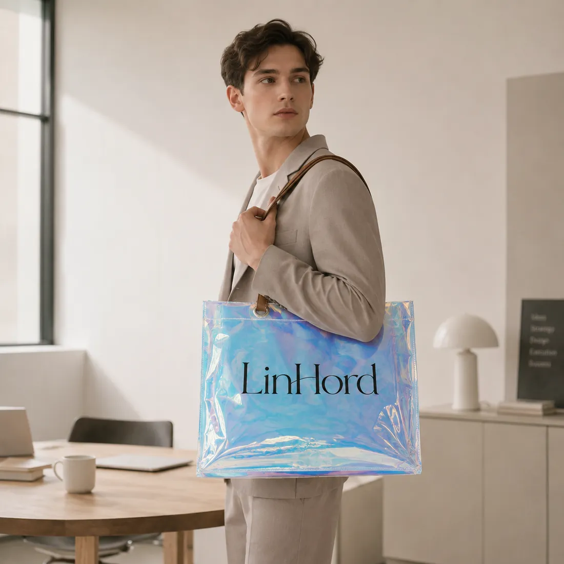 Blue holographic PVC tote carried in an office / 办公场景中的蓝色镭射 PVC 托特包