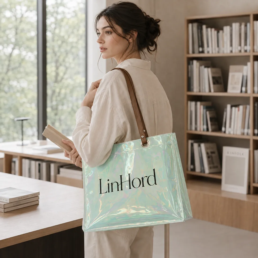 Mint holographic PVC tote carried in a library / 图书馆场景中的薄荷绿色镭射 PVC 托特包
