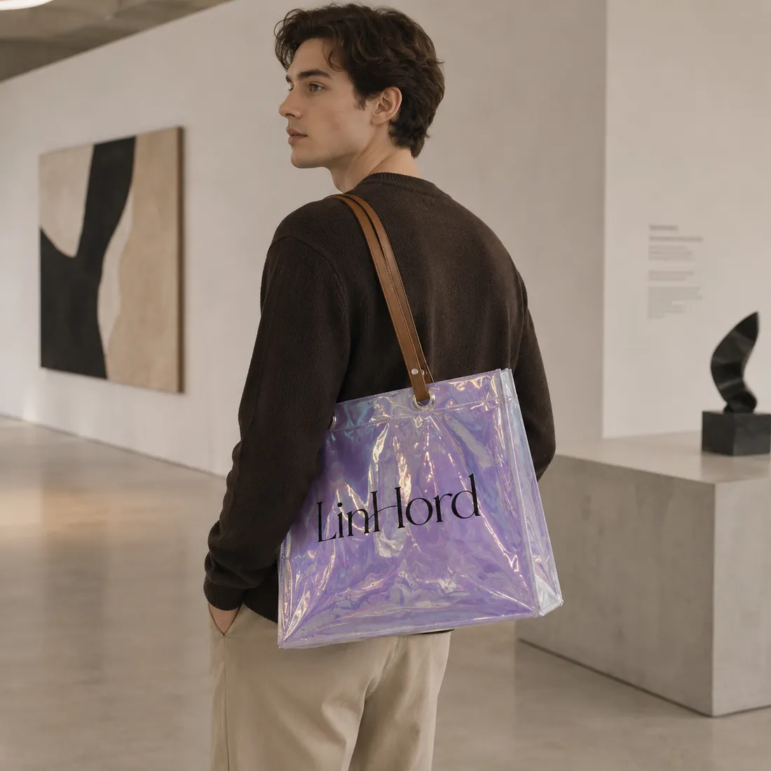 Purple holographic PVC tote in an art gallery / 美术馆场景中的紫色镭射 PVC 托特包