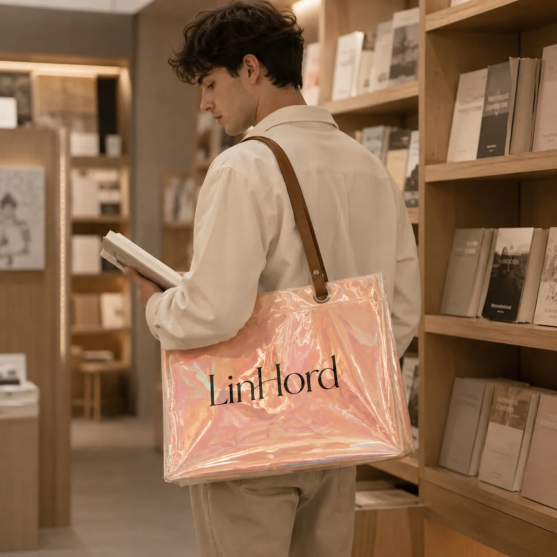 Coral holographic PVC tote in a bookstore / 书店场景中的珊瑚色镭射 PVC 托特包