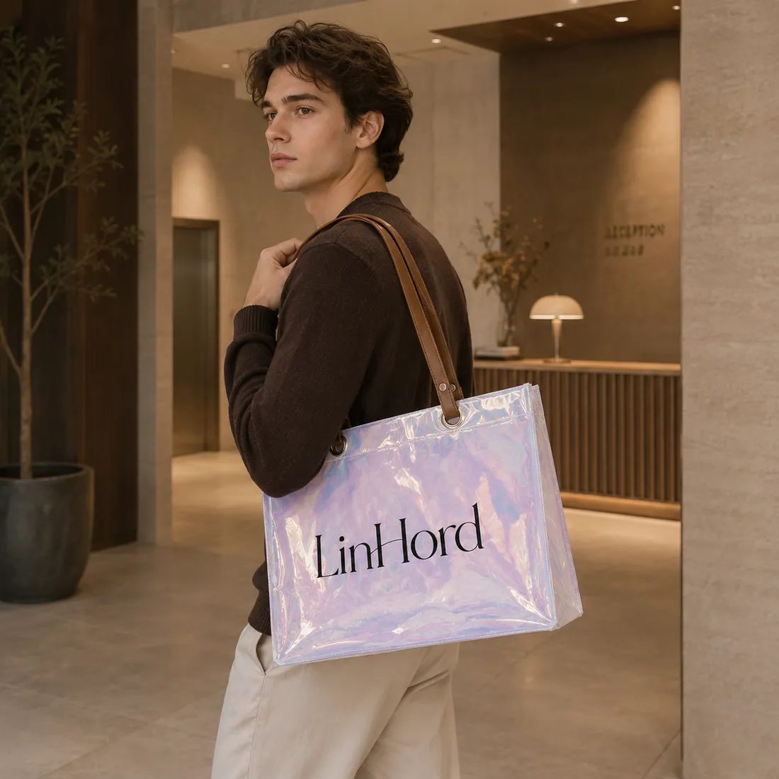 Purple holographic PVC tote in a lobby / 大堂场景中的紫色镭射 PVC 托特包