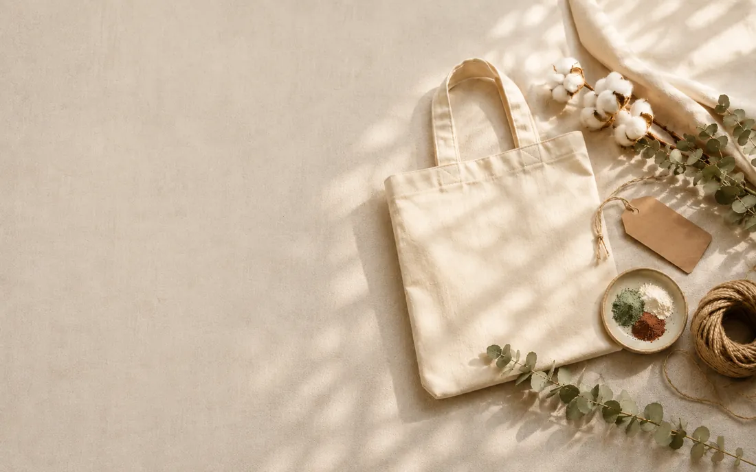 Natural cotton tote arranged with cotton bolls, eucalyptus and cord