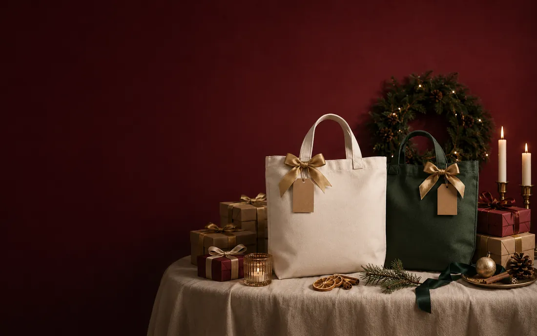 Cream and dark green bow-accent tote bags in a festive gift display